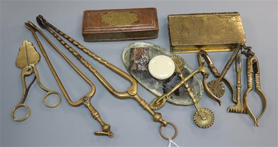 Two 18th century Dutch tobacco boxes and Georgian brass implements,